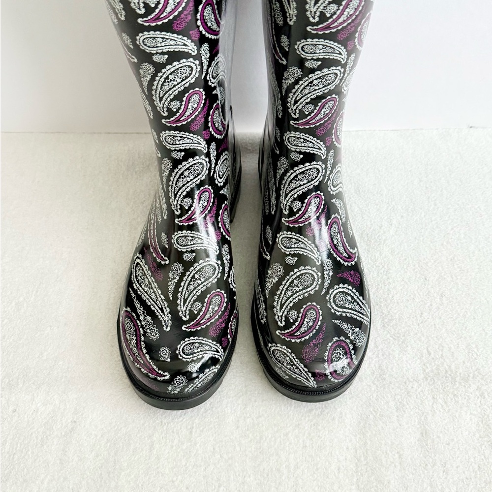 Paisley Rubber Rain Boots Black Purple - Picture 4 of 13